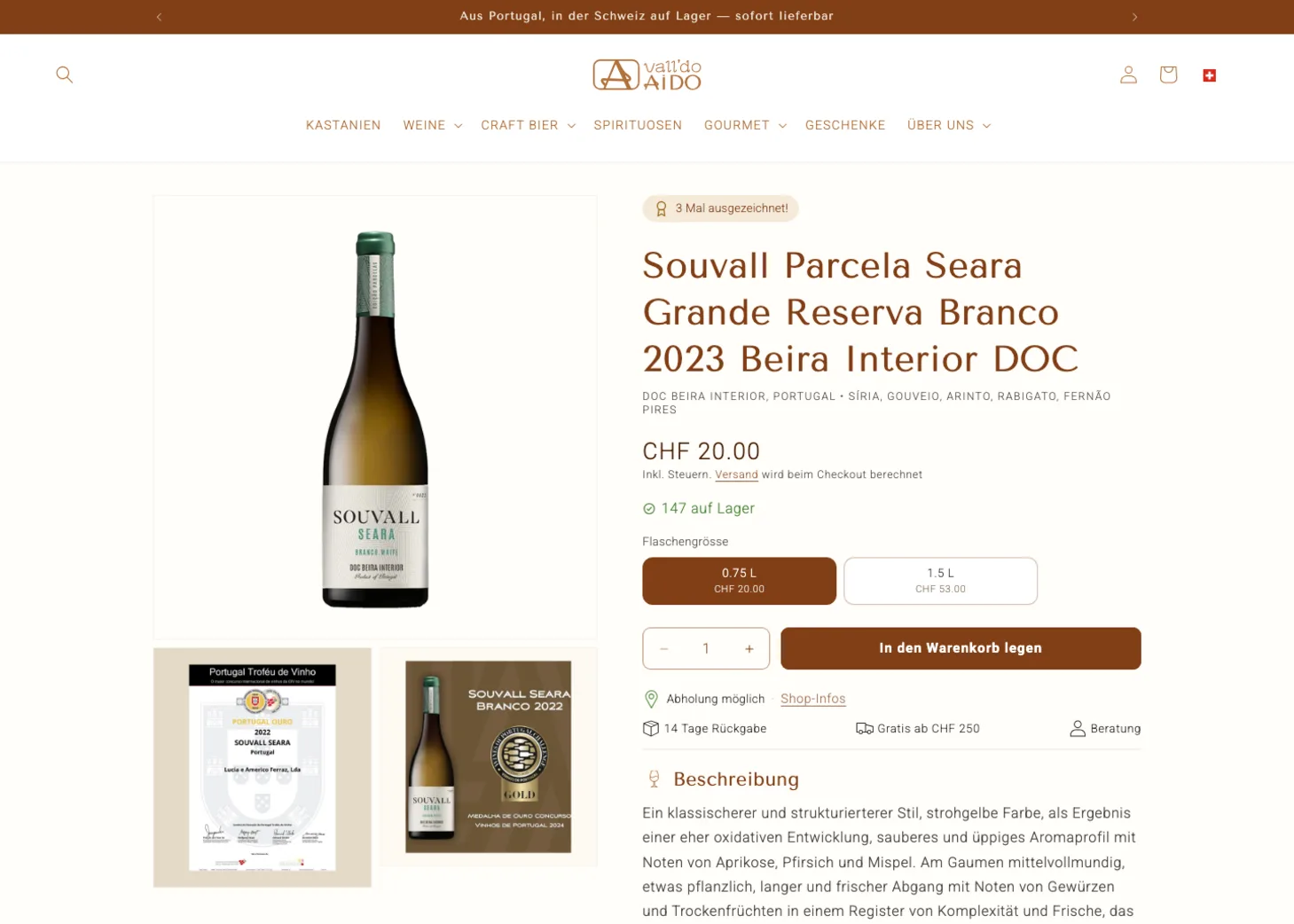 A wine product page with its generated spec sheet
