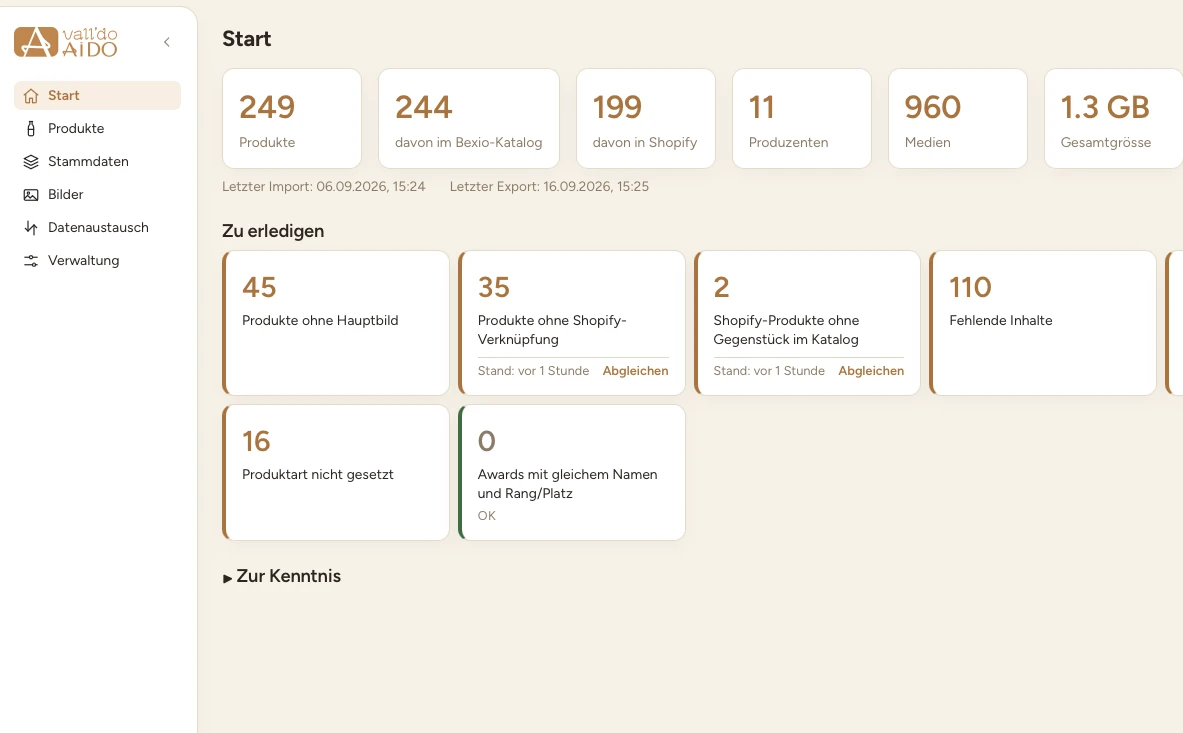 The tool's dashboard, with catalogue counters and a queue of data problems