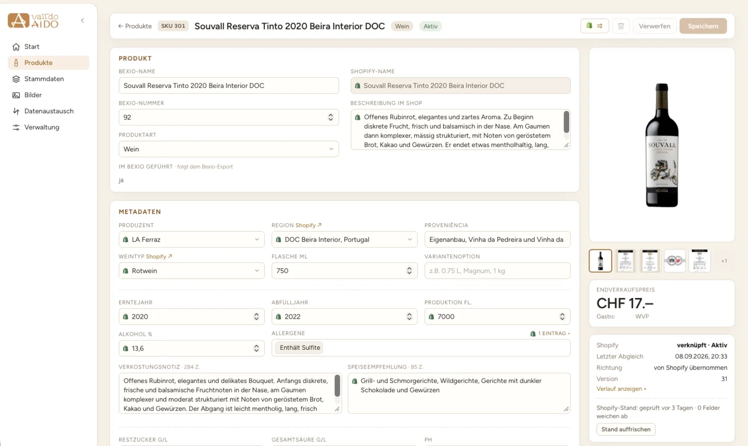 A product record showing Bexio and Shopify fields side by side