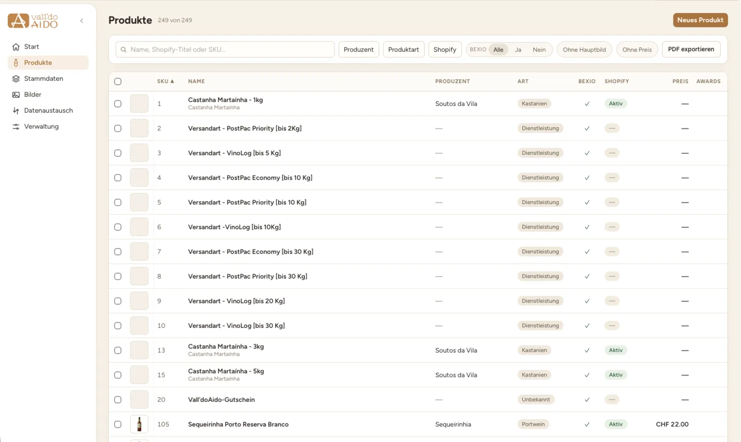 The product list, filterable by producer, type, Bexio and Shopify state